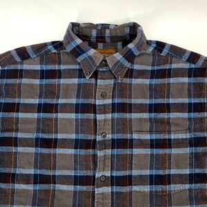St Johns Bay Vintage Flannel Shirt L Blue Brown Plaid Heavy 100% Cotton VGUC
